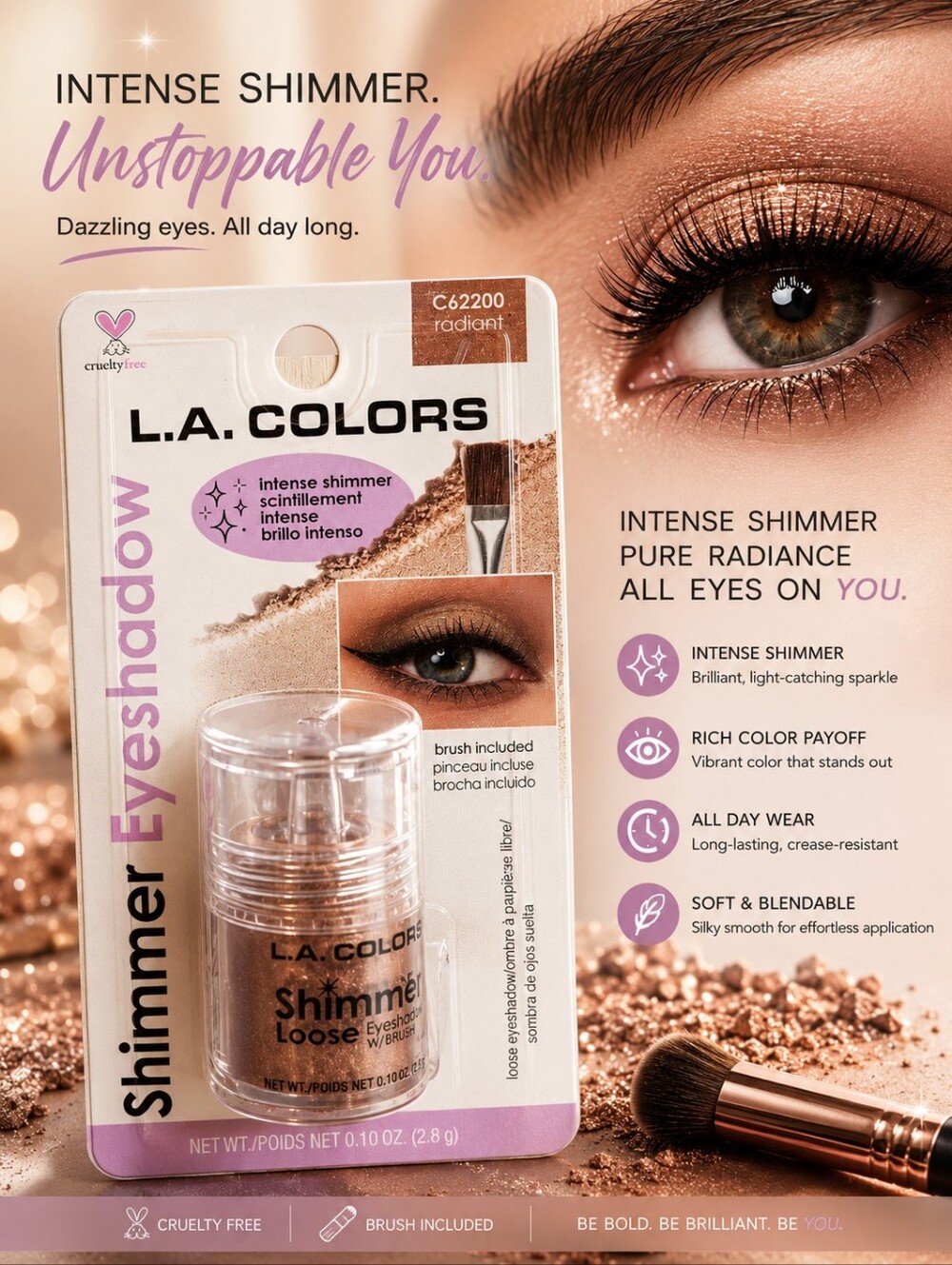 L.A. COLORS SHIMMER LOOSE EYESHADOW W / BRUSH NET WT. 0.10 OZ